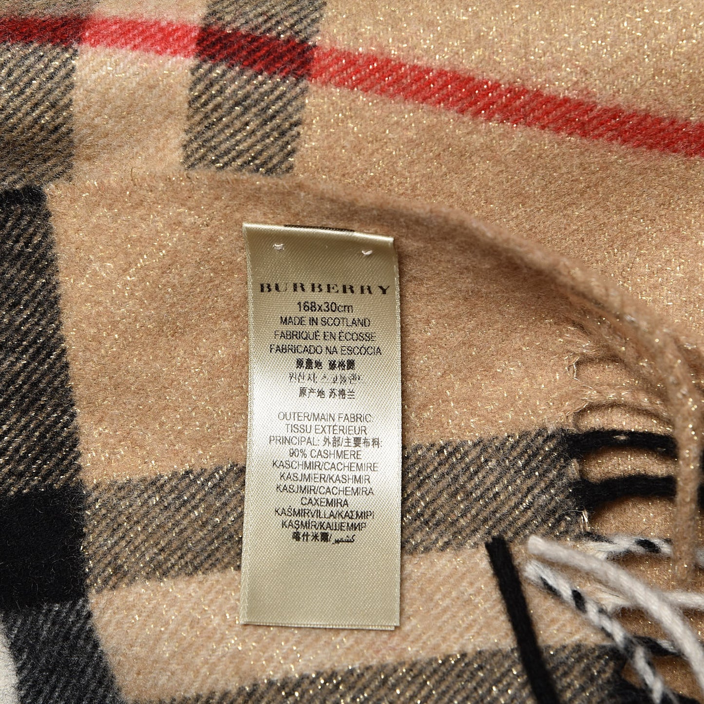 Metallic Cashmere Giant Check Fringe Scarf Archive Beige