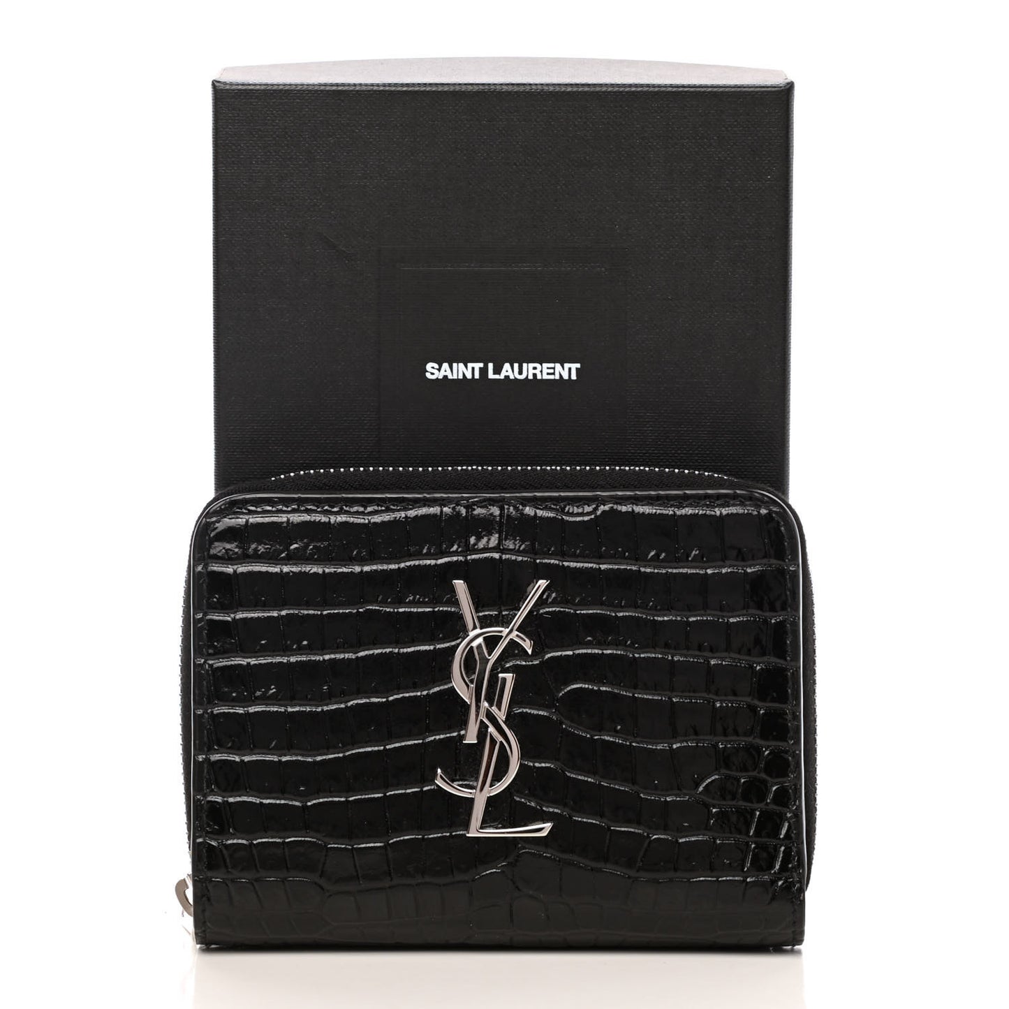 Calfskin Crocodile Embossed Monogram Compact Wallet Black