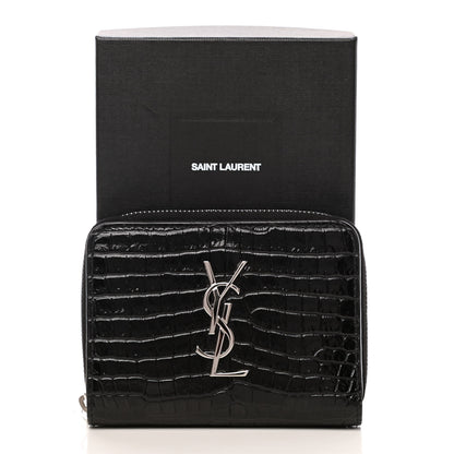 Saint Laurent Calfskin Crocodile Embossed Monogram Compact Wallet Black 8 of 8
