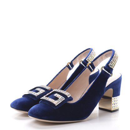 Gucci Velvet Crystal Square G Madelyn Slingbacks 40 Cobalt Blue 3 of 11