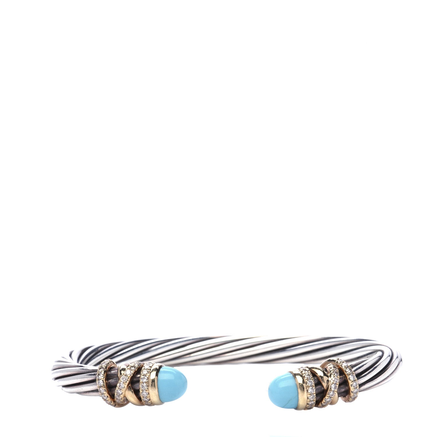 David Yurman Sterling Silver 18K Yellow Gold Diamond Turquoise 6mm Helena Cuff Bracelet 1 of 5