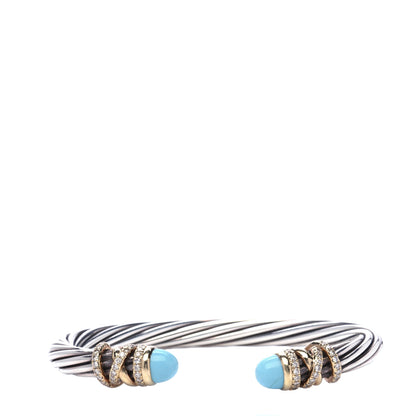 David Yurman Sterling Silver 18K Yellow Gold Diamond Turquoise 6mm Helena Cuff Bracelet 1 of 5