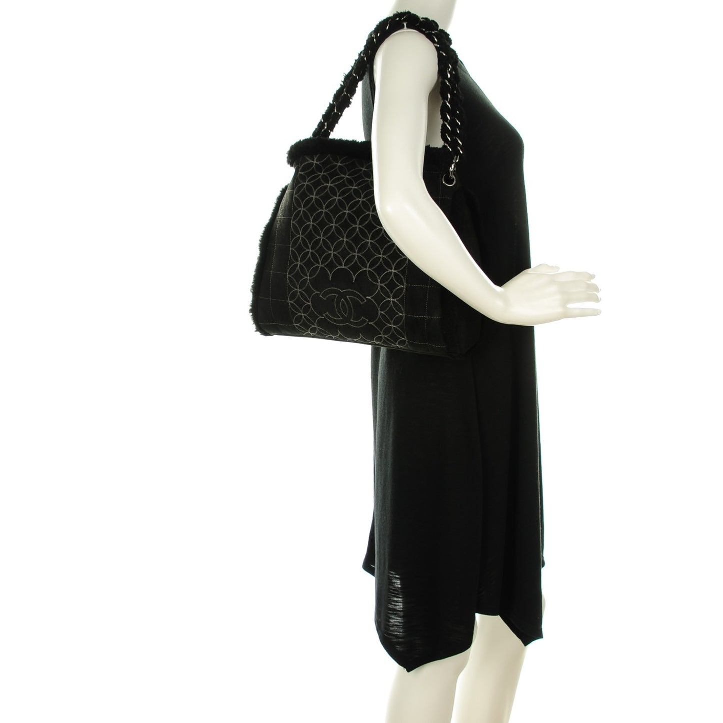 Suede Sherpa Shoulder Bag with Cosmetic Pouch Black