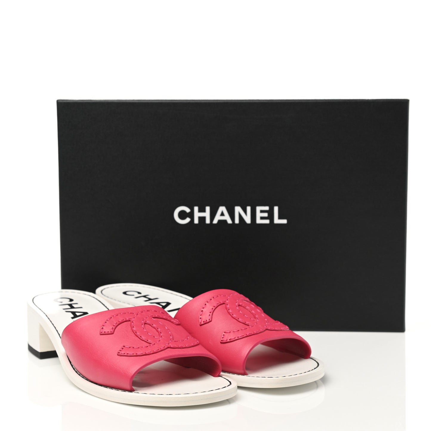 Calfskin CC Mules 39 Dark Pink White