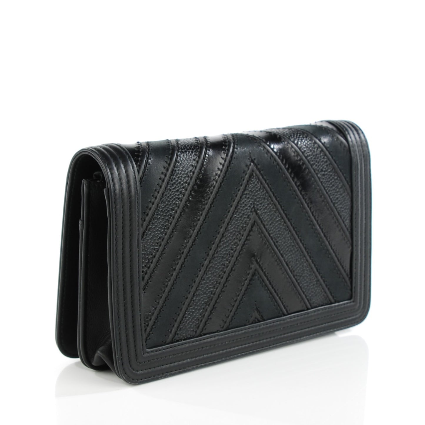 Calfskin Caviar Chevron Quilted Medium Mixed Boy Wallet On Chain WOC Black