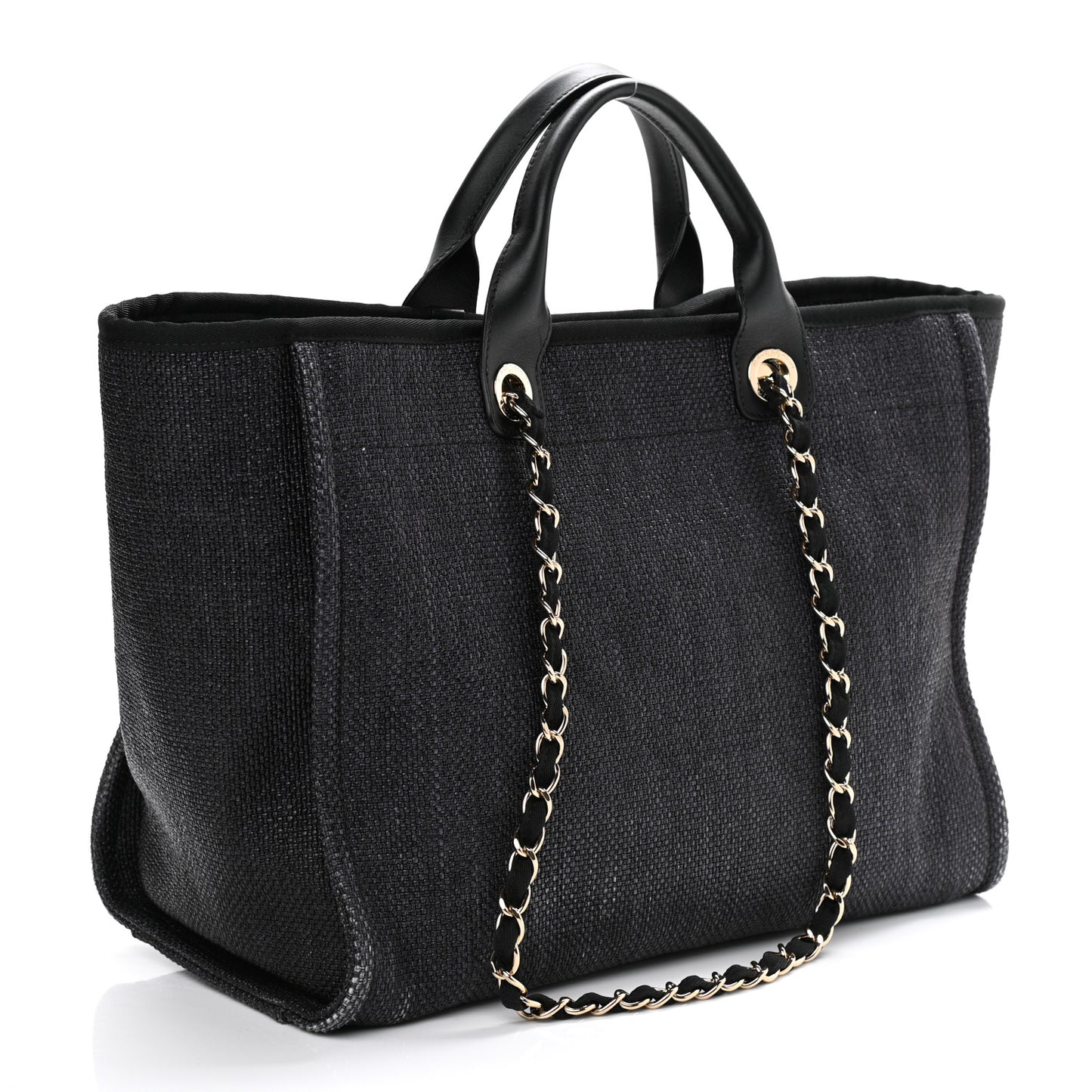 Woven Straw Raffia Medium Deauville Tote Black