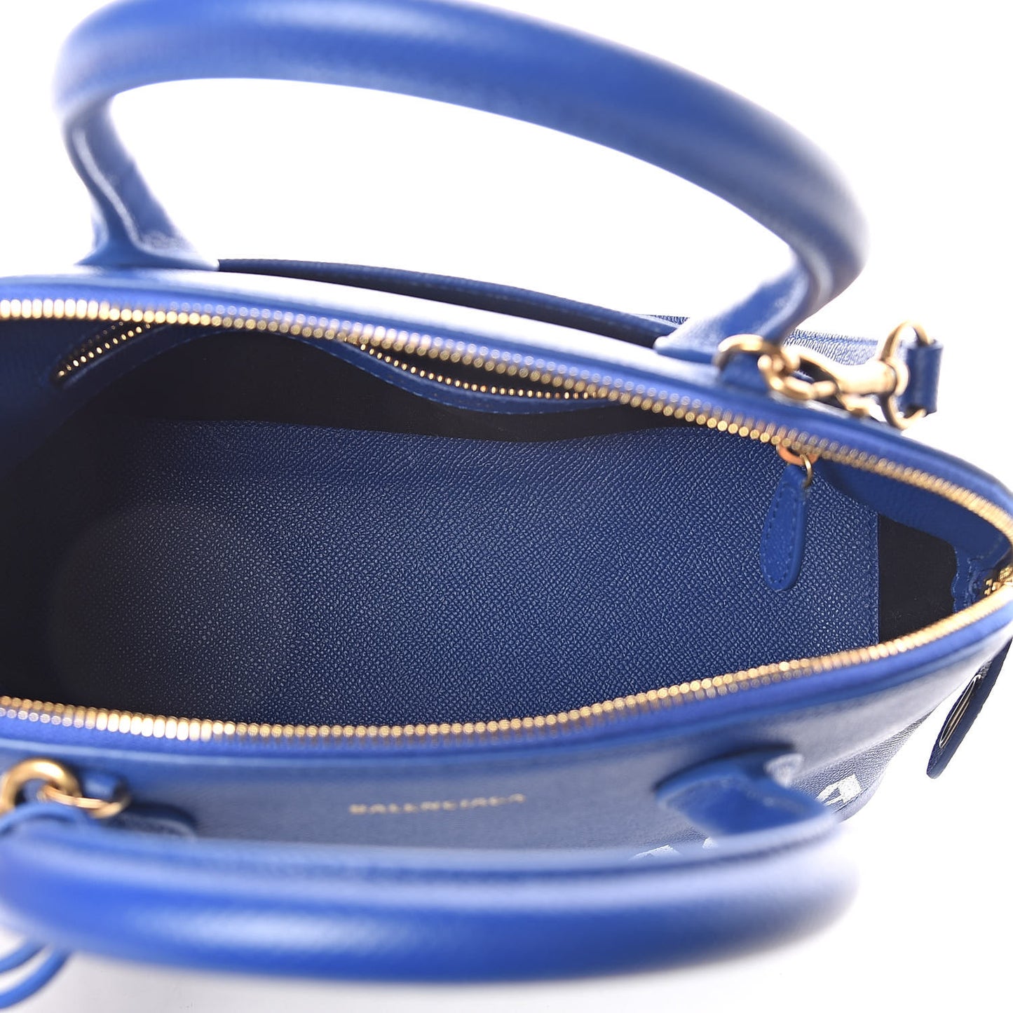 Signature Grained Calfskin Logo S Ville Top Handle Bag Bleu Roi White
