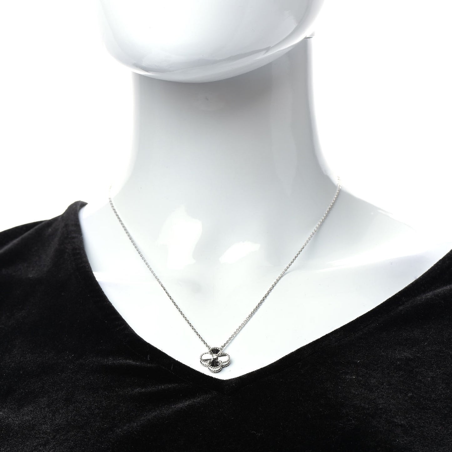 18K White Gold Diamond Guilloche Vintage Alhambra Pendant Necklace