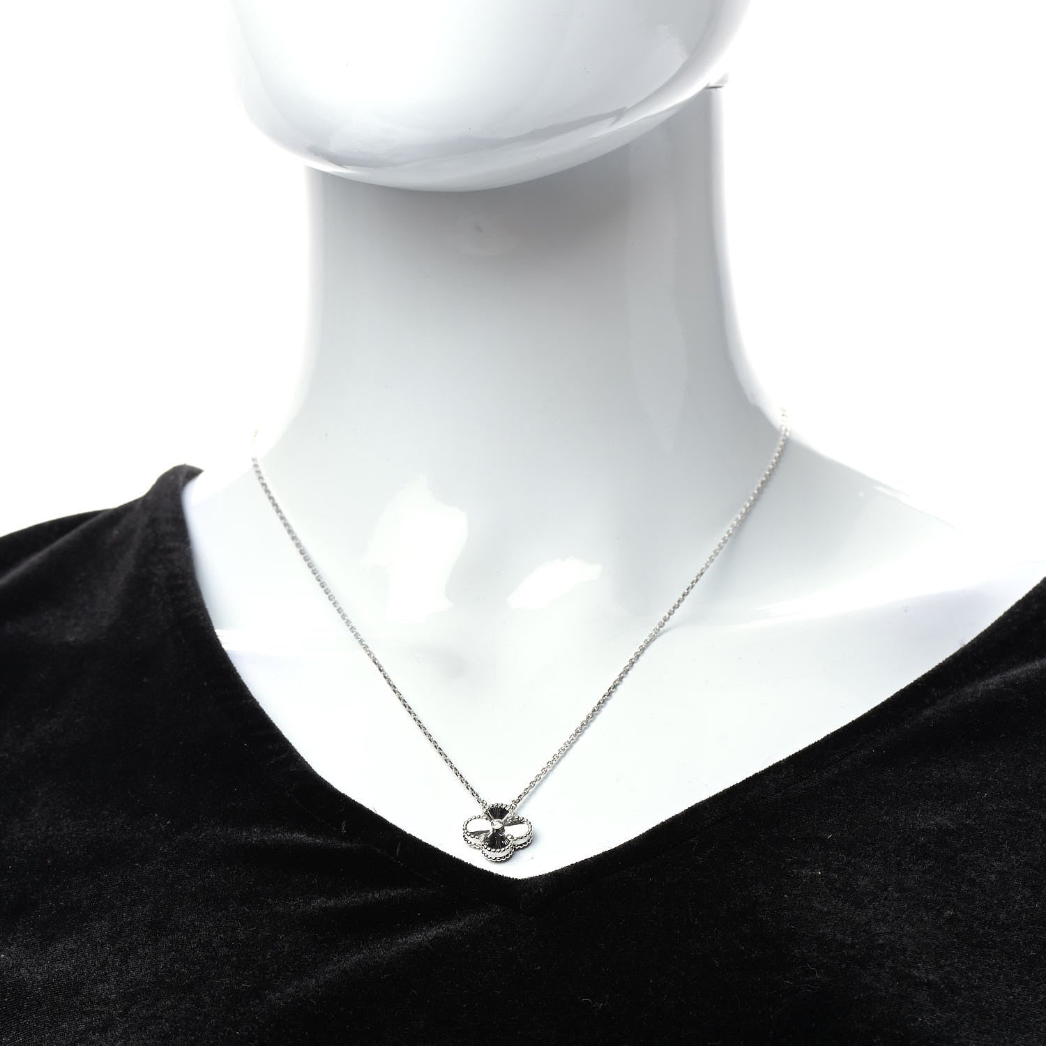 Van Cleef & Arpels 18K White Gold Diamond Guilloche Vintage Alhambra Pendant Necklace 2 of 6