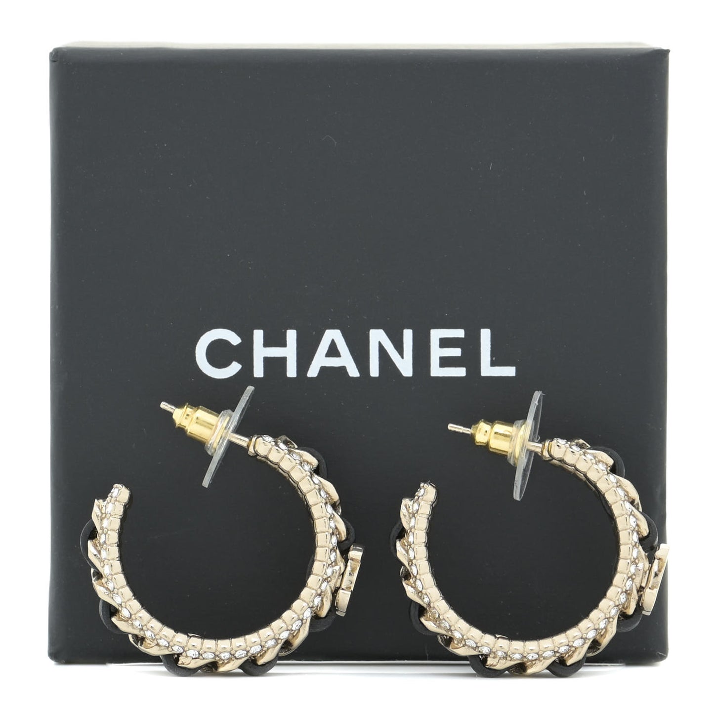Crystal Lambskin CC Chain Hoop Earrings Gold Black