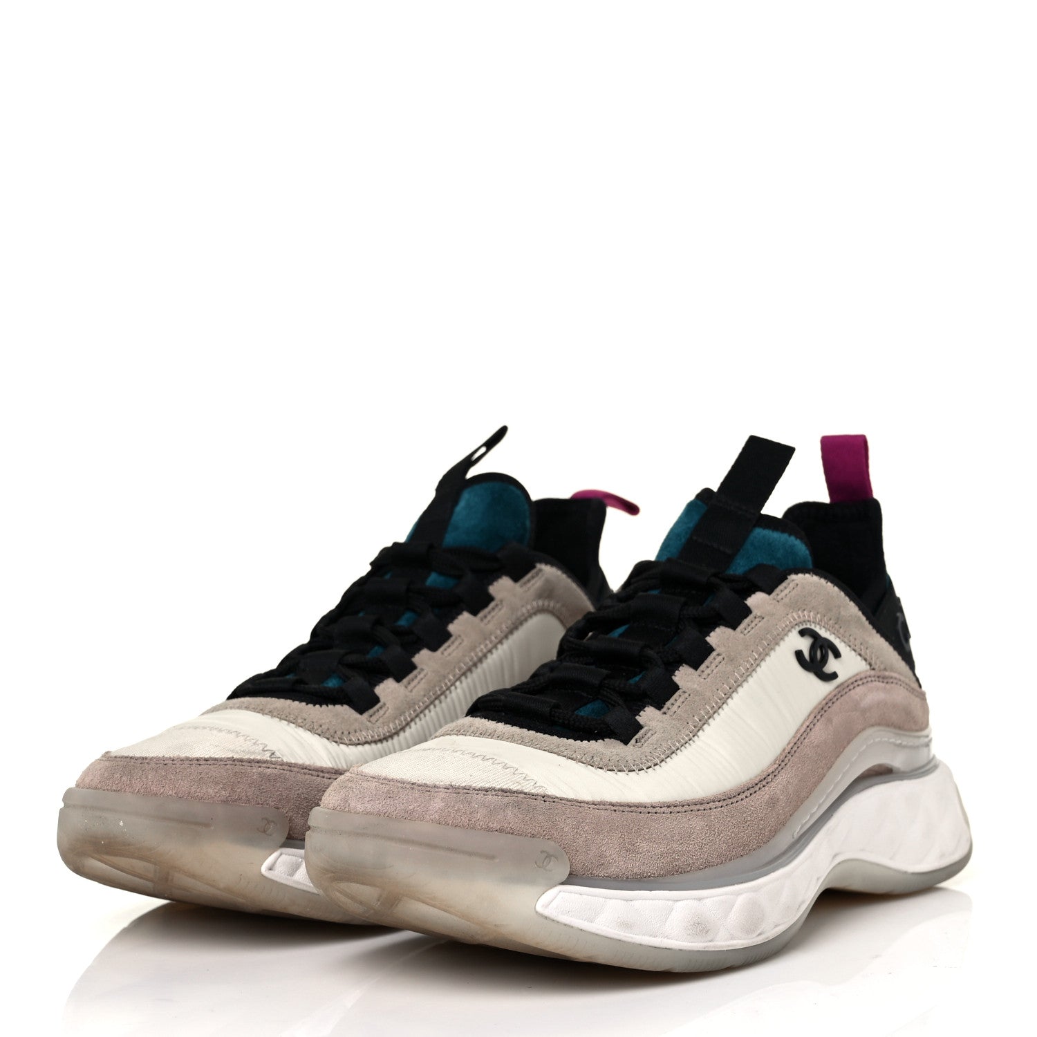 Chanel Suede Calfskin Nylon Grosgrain CC Sneakers 38.5 Beige Pink 3 of 10