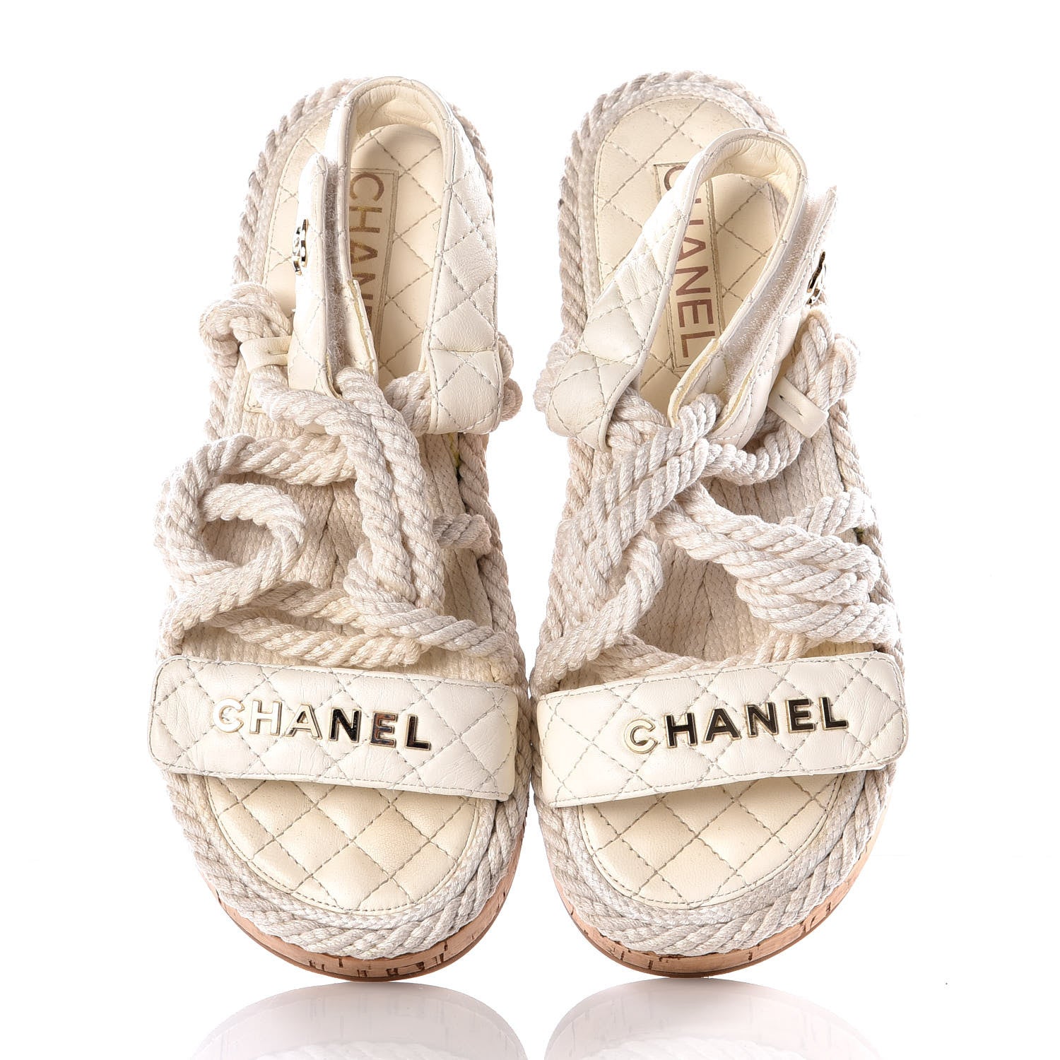Chanel Cord Lambskin Quilted Logo Sandals 38 White 5 of 11