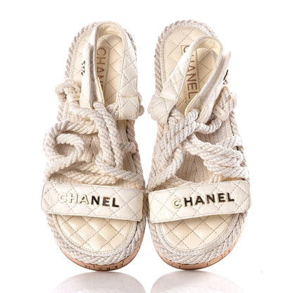 Chanel Cord Lambskin Quilted Logo Sandals 38 White 5 of 11