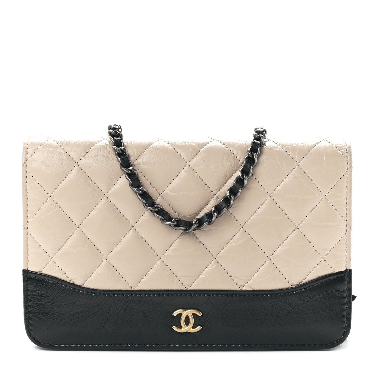 Aged Calfskin Quilted Gabrielle Wallet On Chain WOC Beige Black