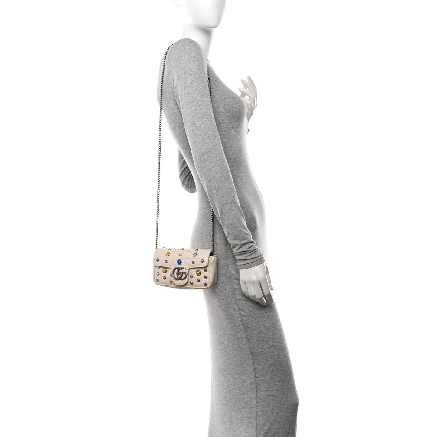 Calfskin Crystal Matelasse Aria Super Mini GG Marmont Shoulder Bag Mystic White Multicolor