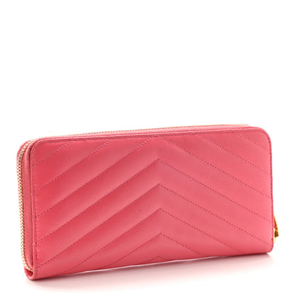 Saint Laurent Grain De Poudre Matelasse Chevron Monogram Zip Around Wallet Rose Clair 3 of 16