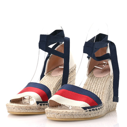 Gucci Canvas Sylvie Web Ankle Wrap Espadrille Wedge Sandals 38.5 Mystic White Hibiscus Red Maritime 4 of 9