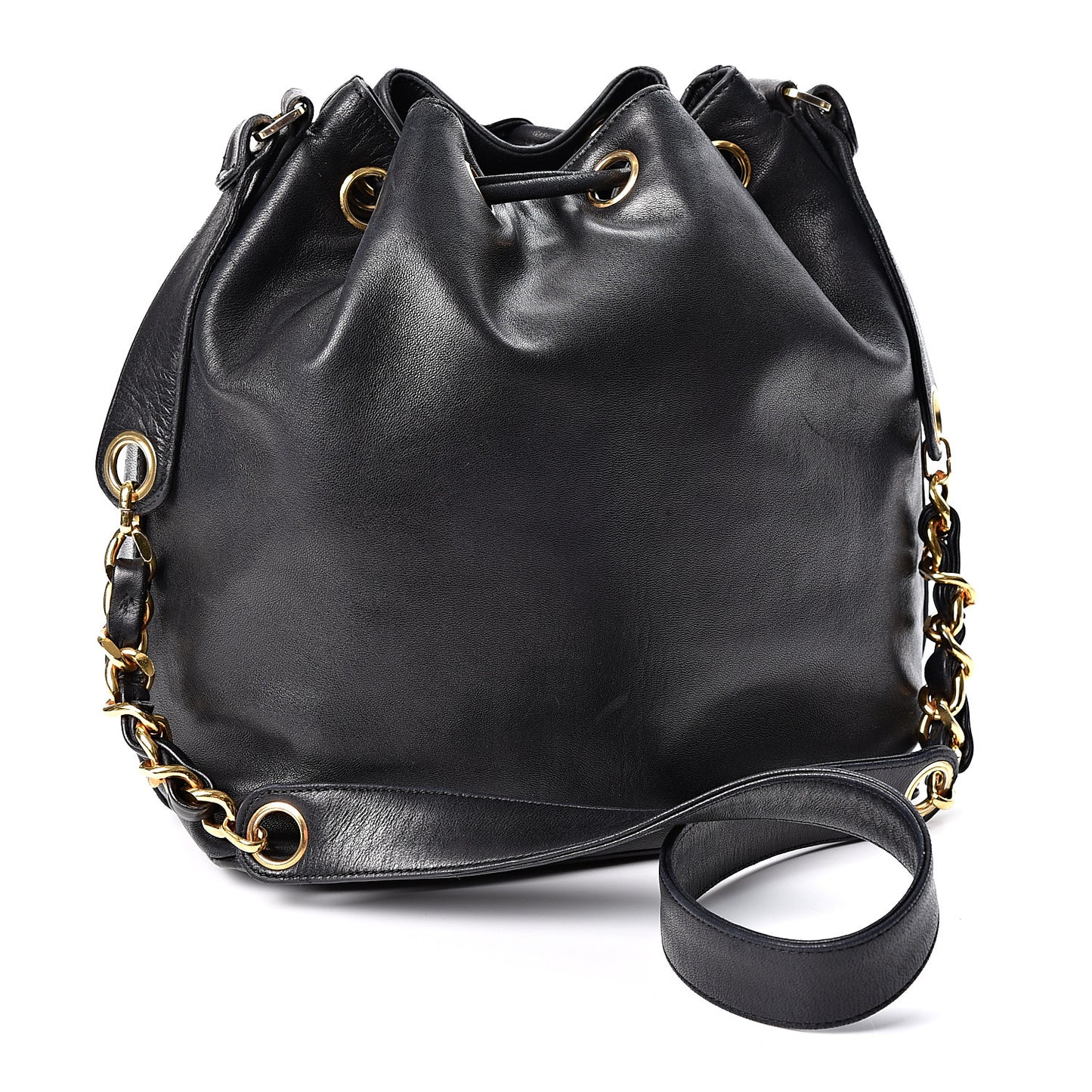 Lambskin CC Stitched Drawstring Bucket Bag Black