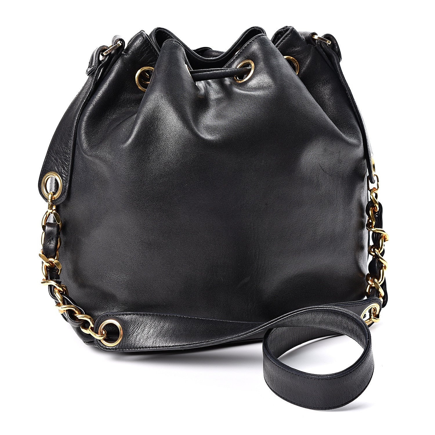 Chanel Lambskin CC Stitched Drawstring Bucket Bag Black 2 of 8