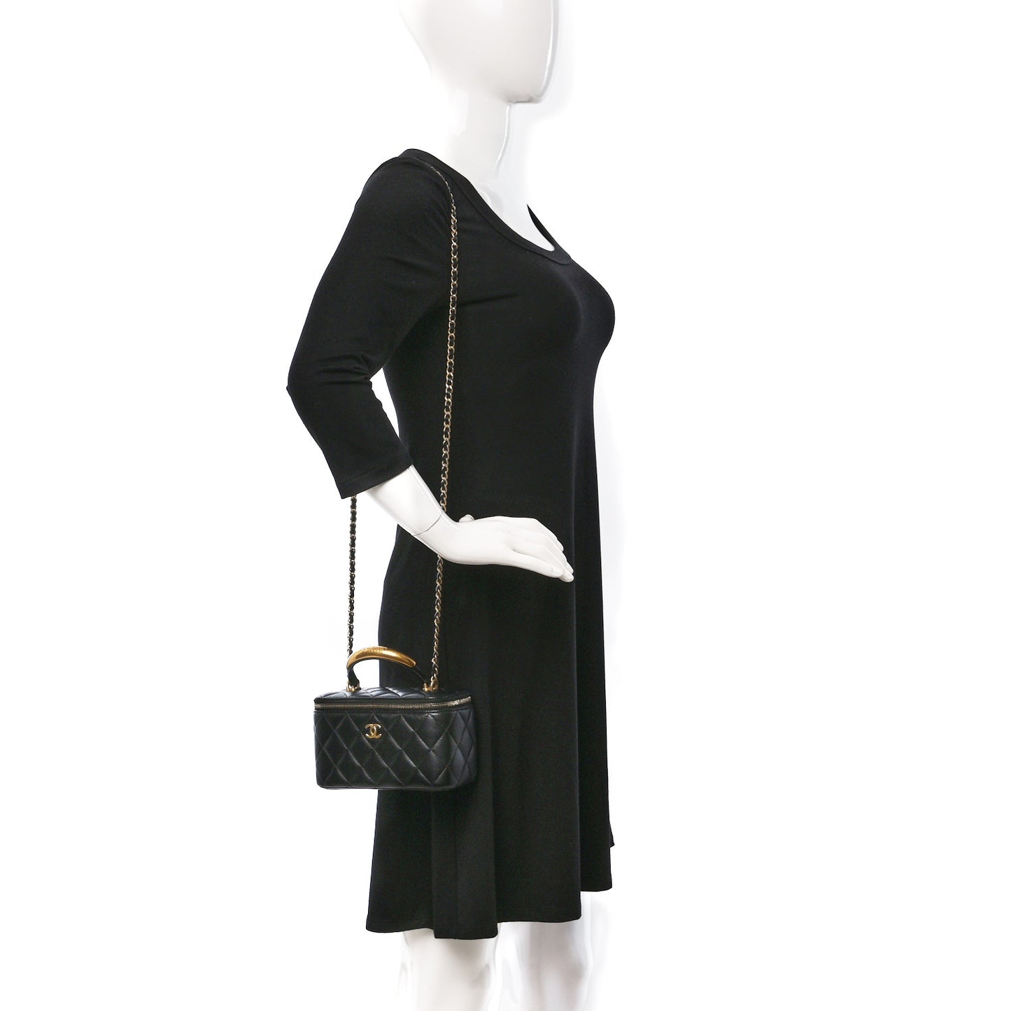Lambskin Quilted Metal Small Top Handle Vanity Case With Chain Black