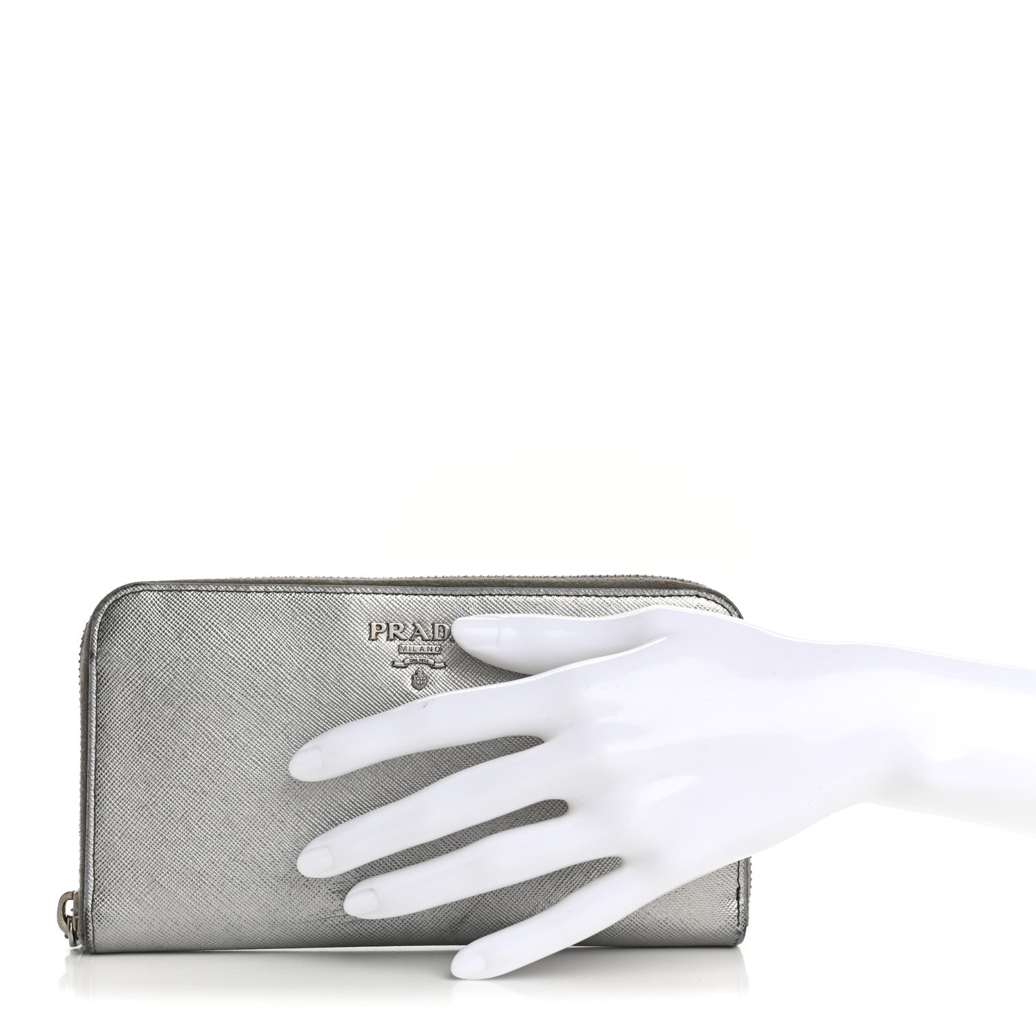 Prada Saffiano Metal Zip Around Wallet Argento 1723667 – FASHIONPHILE