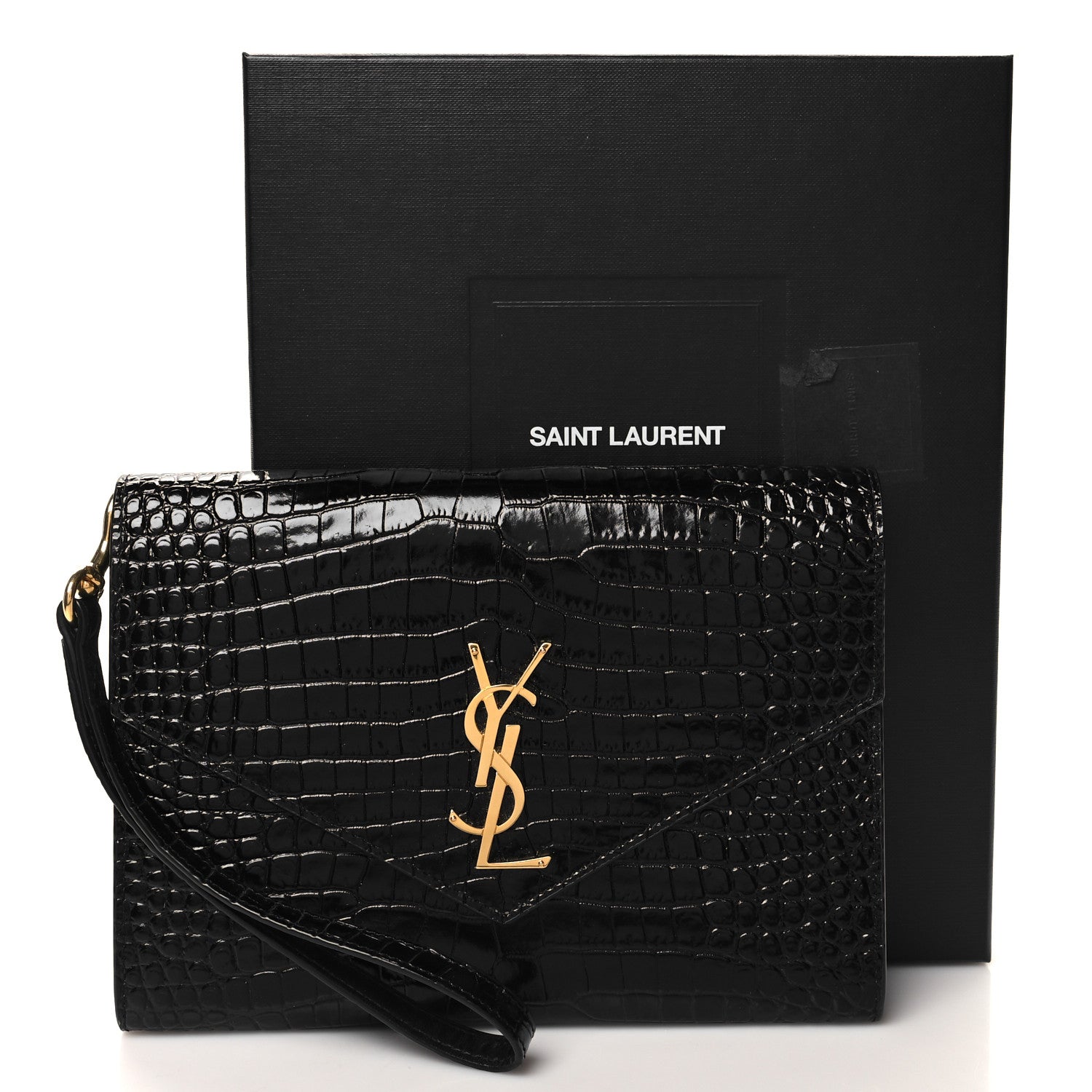 Saint Laurent SAINT LAURENT Calfskin Crocodile Embossed Monogram Cassandre Flap Pouch Black 11 of 11