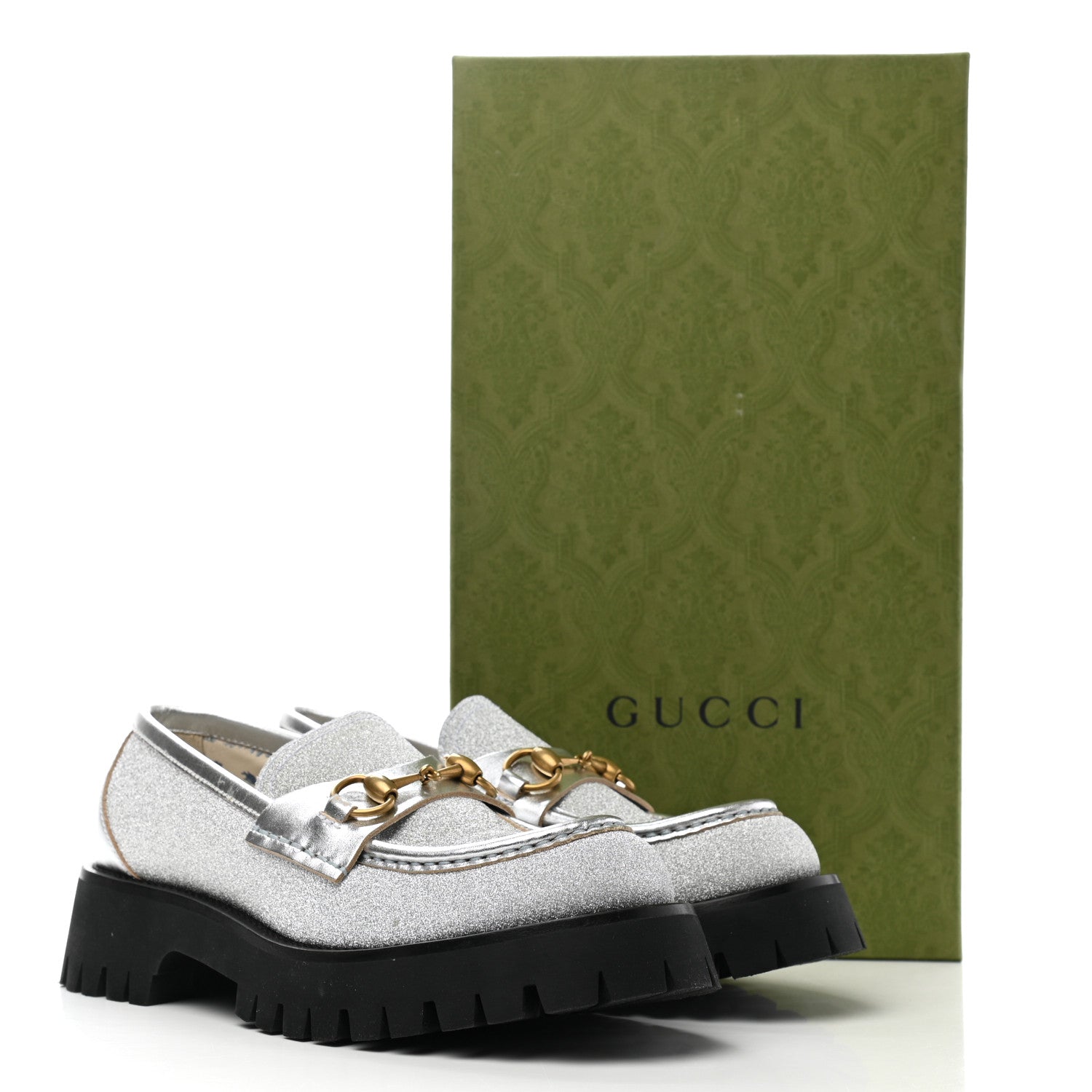 Gucci Mini Diamond Storm Silk Calfskin Womens Harald Horsebit 25mm Platform Loafers 38 Silver 9 of 9