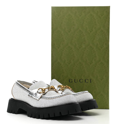 Gucci Mini Diamond Storm Silk Calfskin Womens Harald Horsebit 25mm Platform Loafers 38 Silver 9 of 9