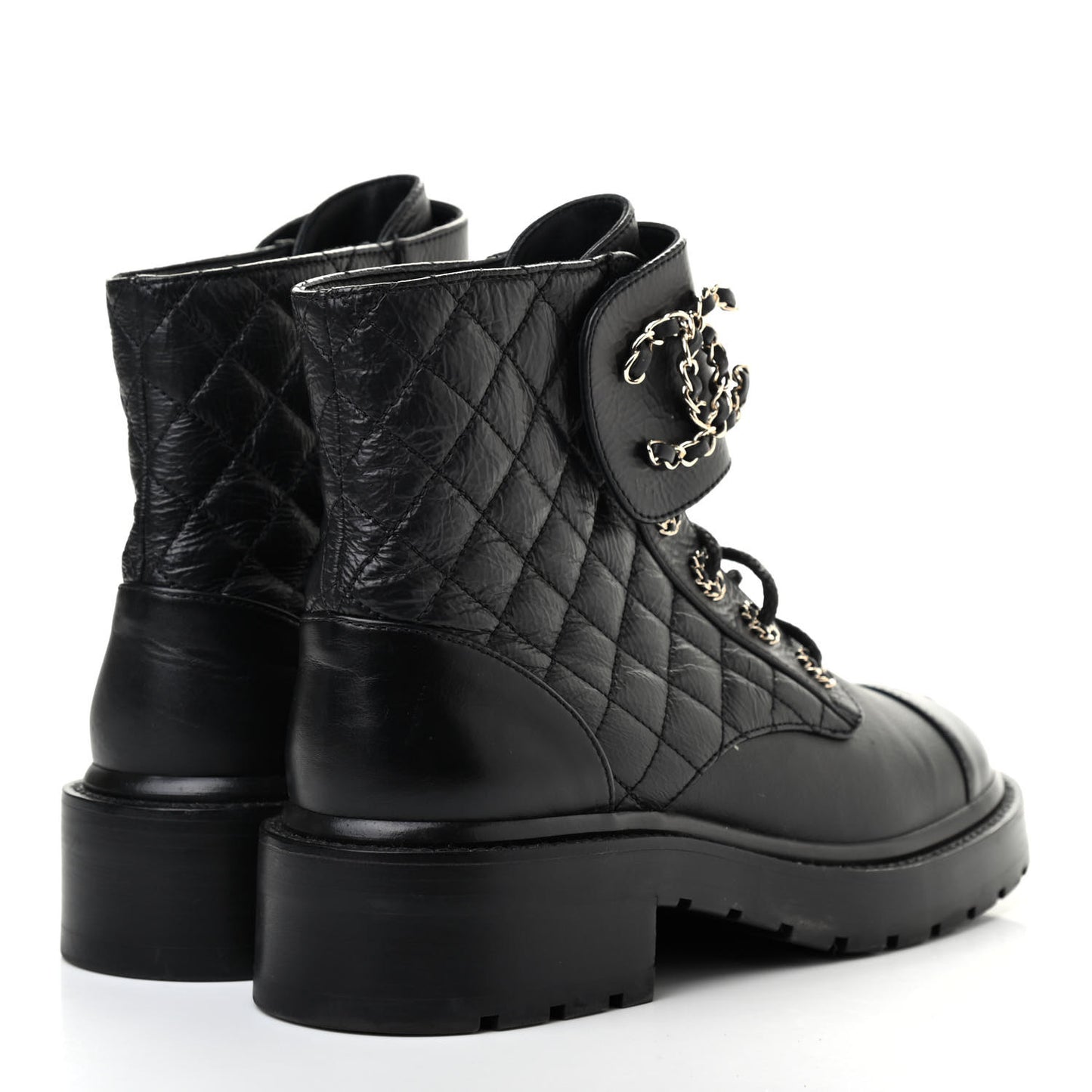 Shiny Goatskin Calfskin Quilted Lace Up Combat Boots 37 Black
