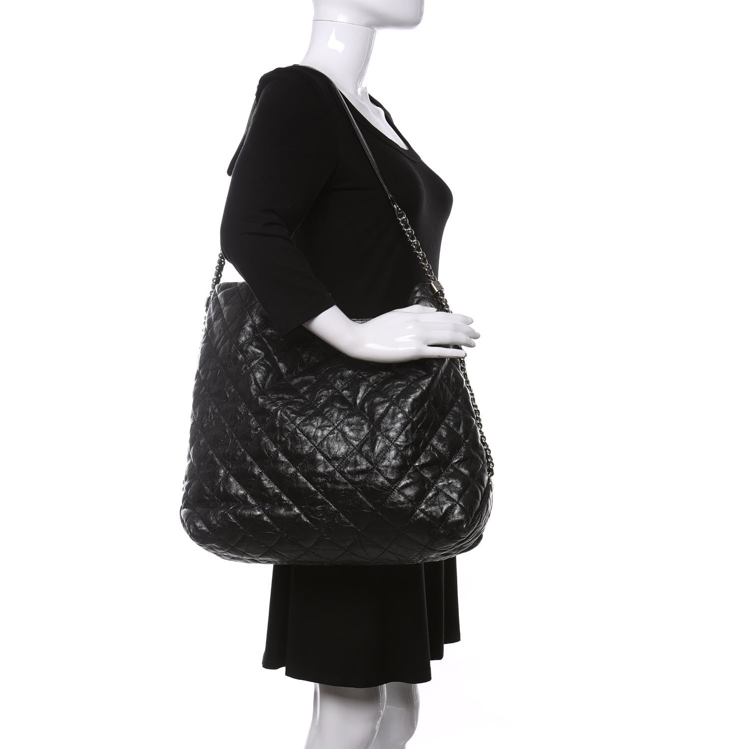 Chanel Metallic Crackled Calfskin Quilted Large Big Bang Hobo Black 2 of 10