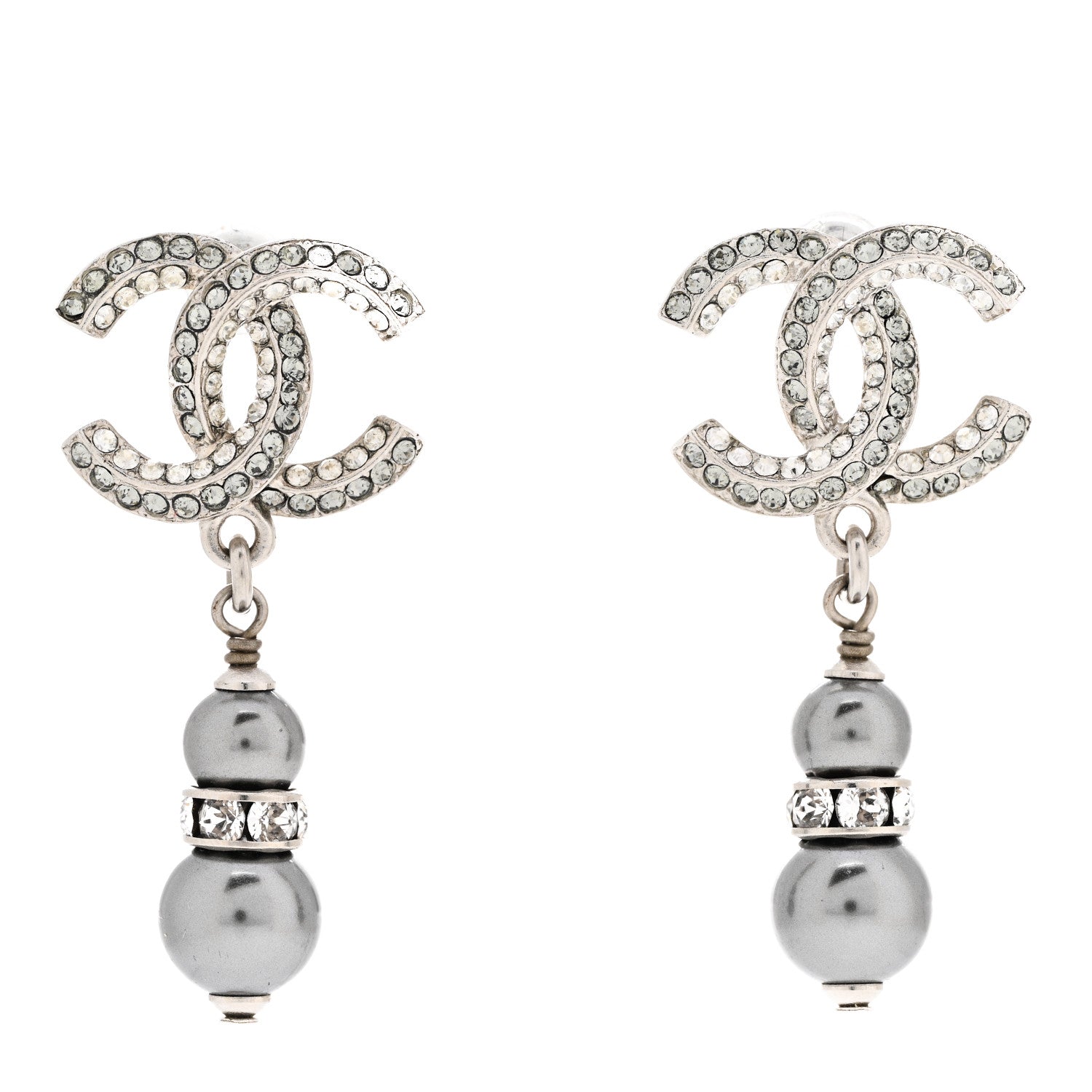 Chanel Crystal Pearl CC Drop Earrings Silver Grey 1 of 5