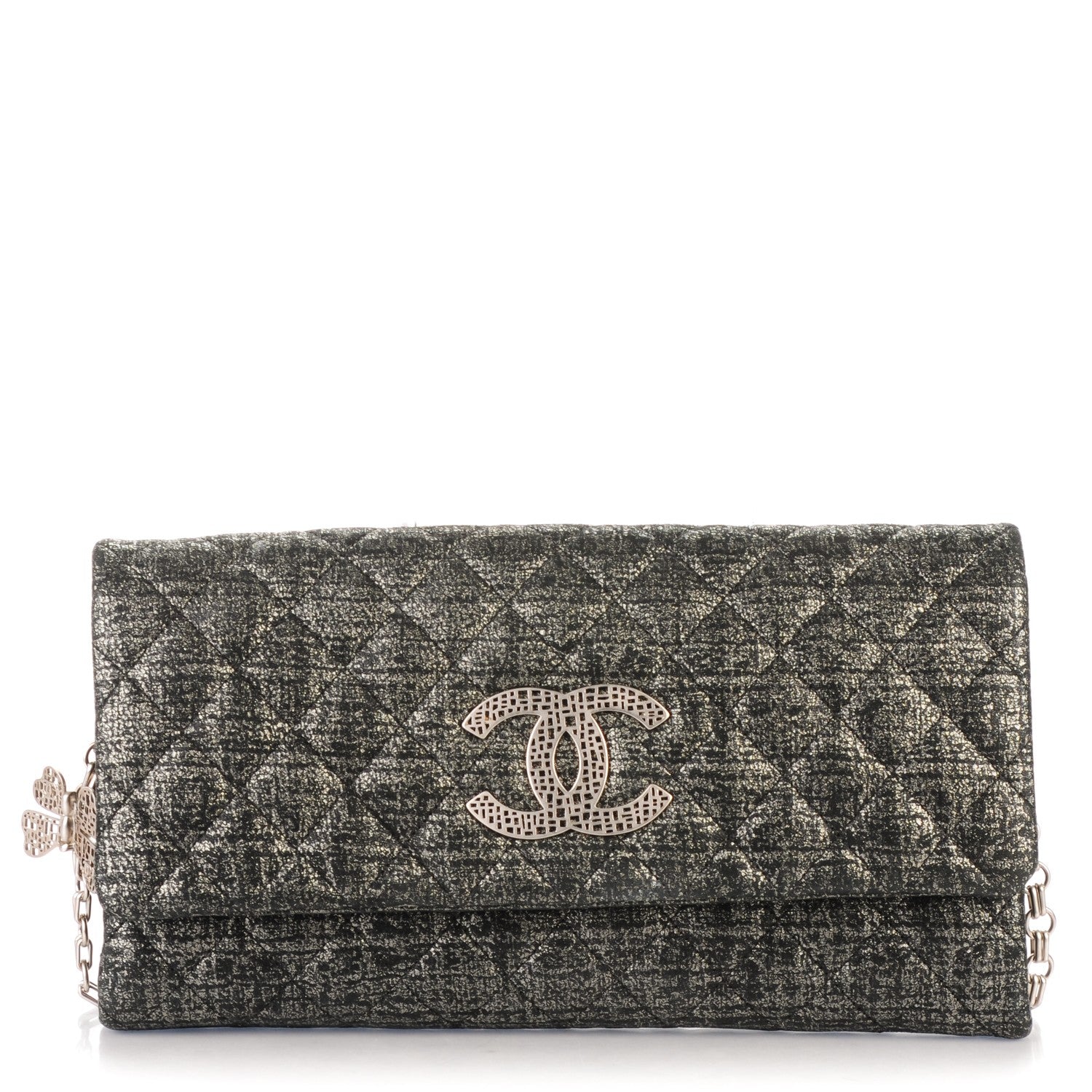 Chanel Glitter Fabric Quilted Flap Clutch With Butterfly Chain Black 1 of 8