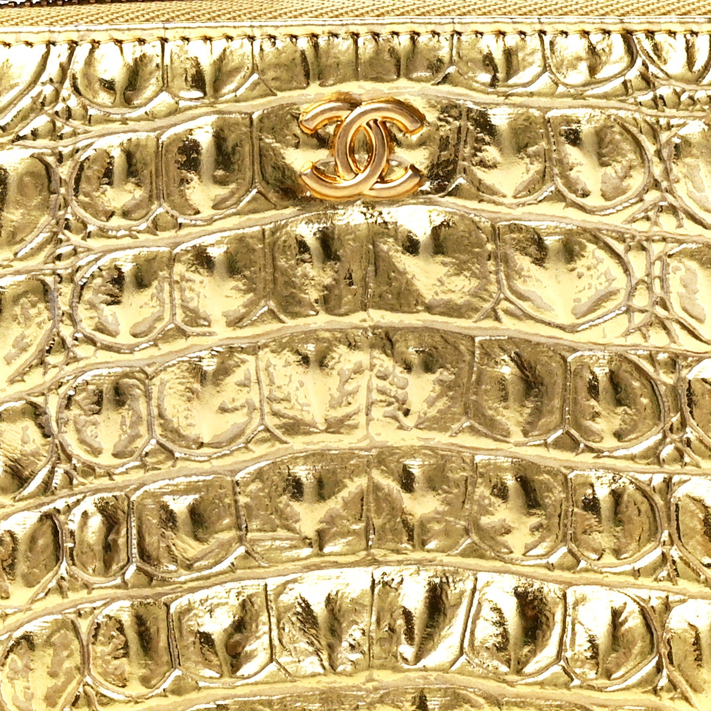 Metallic Calfskin Crocodile Embossed Cocodile Small Cosmetic Case Gold