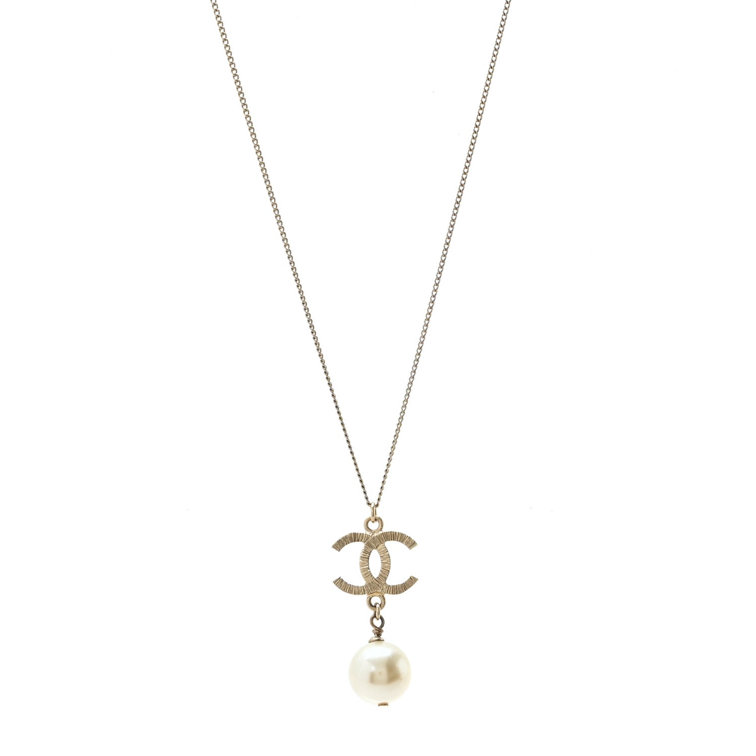 Chanel Metal Textured CC Pearl Drop Necklace Gold 1 of 4