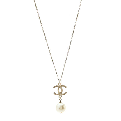 Chanel Metal Textured CC Pearl Drop Necklace Gold 1 of 4