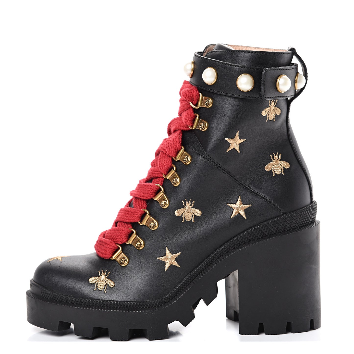 Calfskin Embroidered Lace Up Combat Ankle Boots 37.5 Black