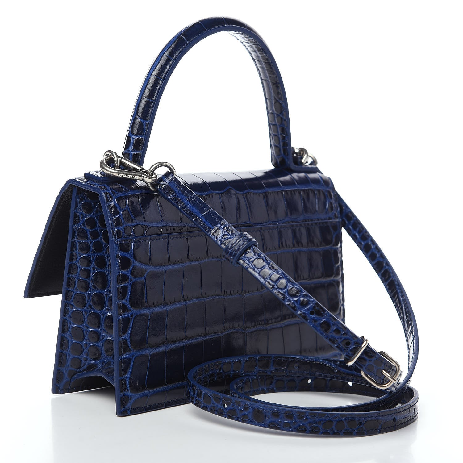Balenciaga Shiny Calfskin Crocodile Embossed XS Sharp Top Handle Bag Navy 2 of 7