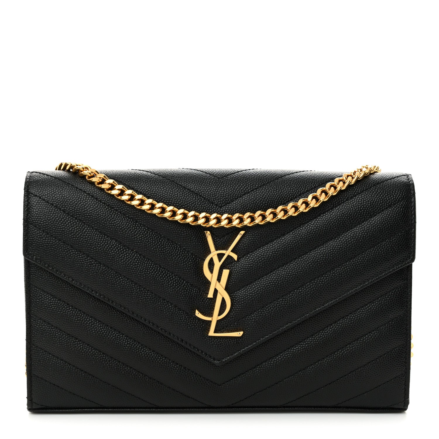 Saint Laurent Grain De Poudre Matelasse Chevron Monogram Chain Wallet Black 1 of 12