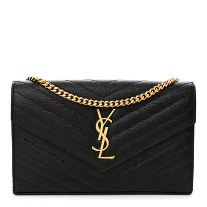 Saint Laurent Grain De Poudre Matelasse Chevron Monogram Chain Wallet Black 1 of 12