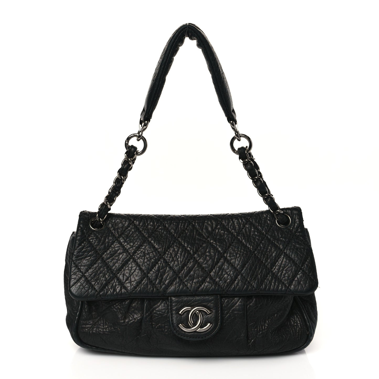 Distressed Lambskin Lady Braid Flap Black