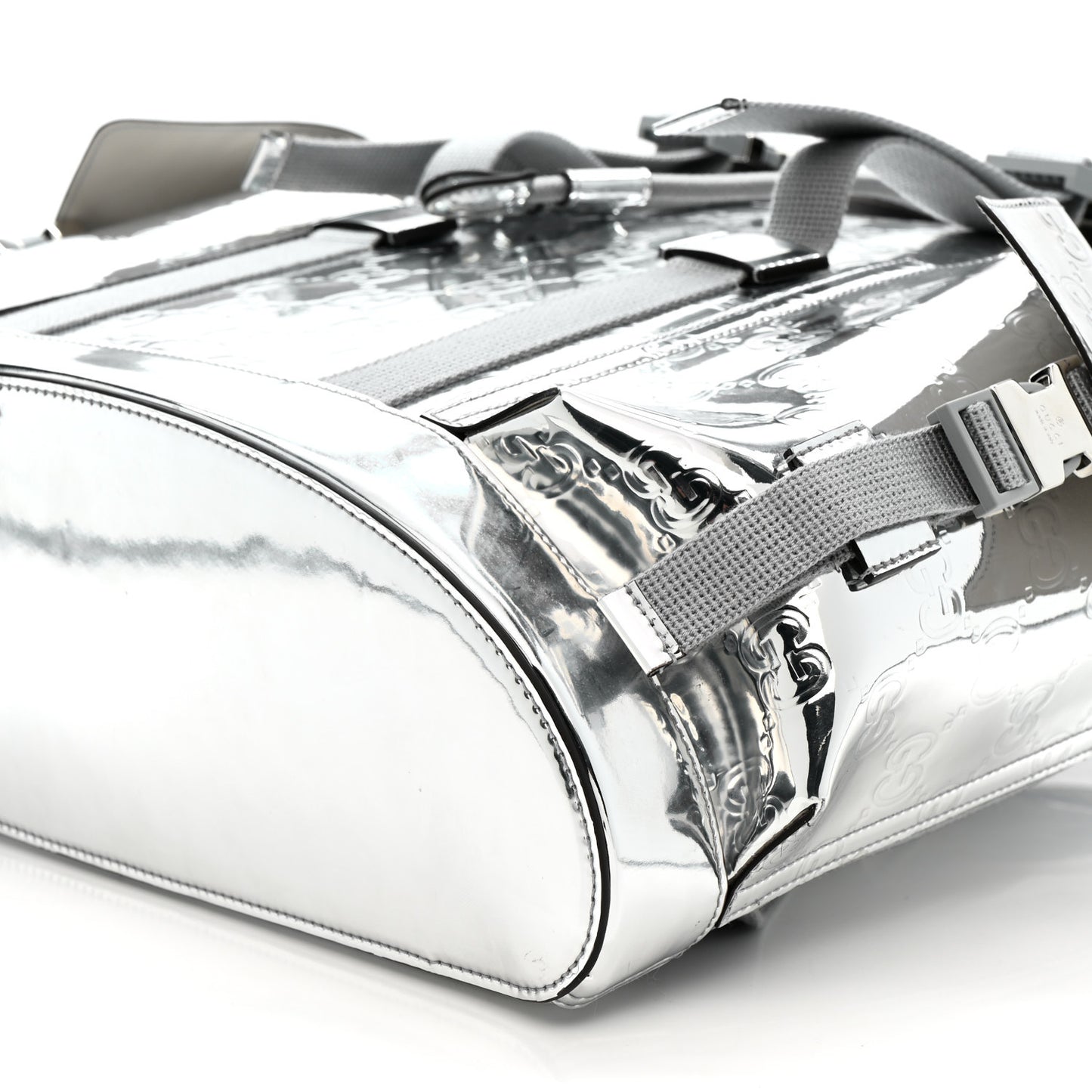 Mirror Effect GG Monogram Appia Calfskin Web Double Buckle Backpack Silver