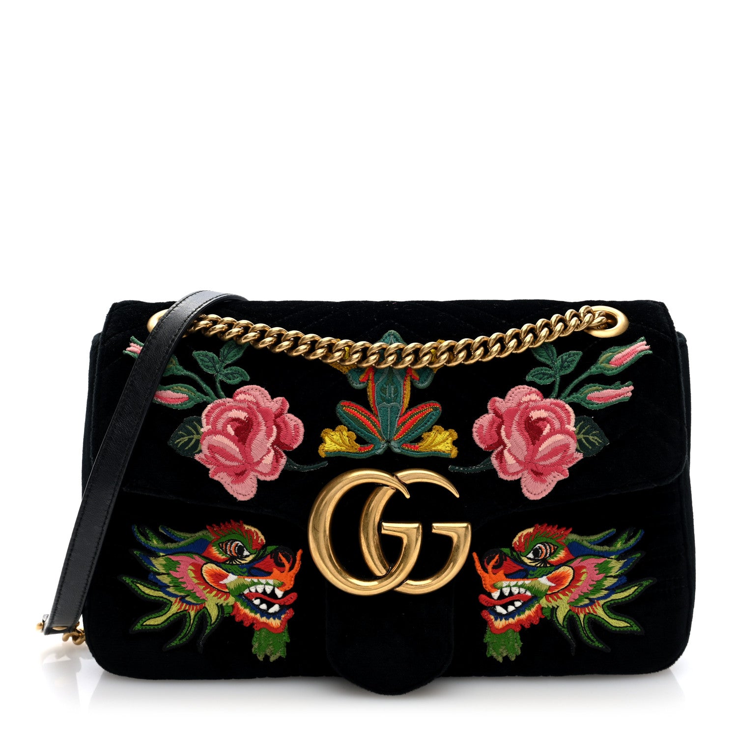 Gucci Velvet Matelasse Dragon Embroidered Medium GG Marmont Shoulder Bag Black 1 of 10