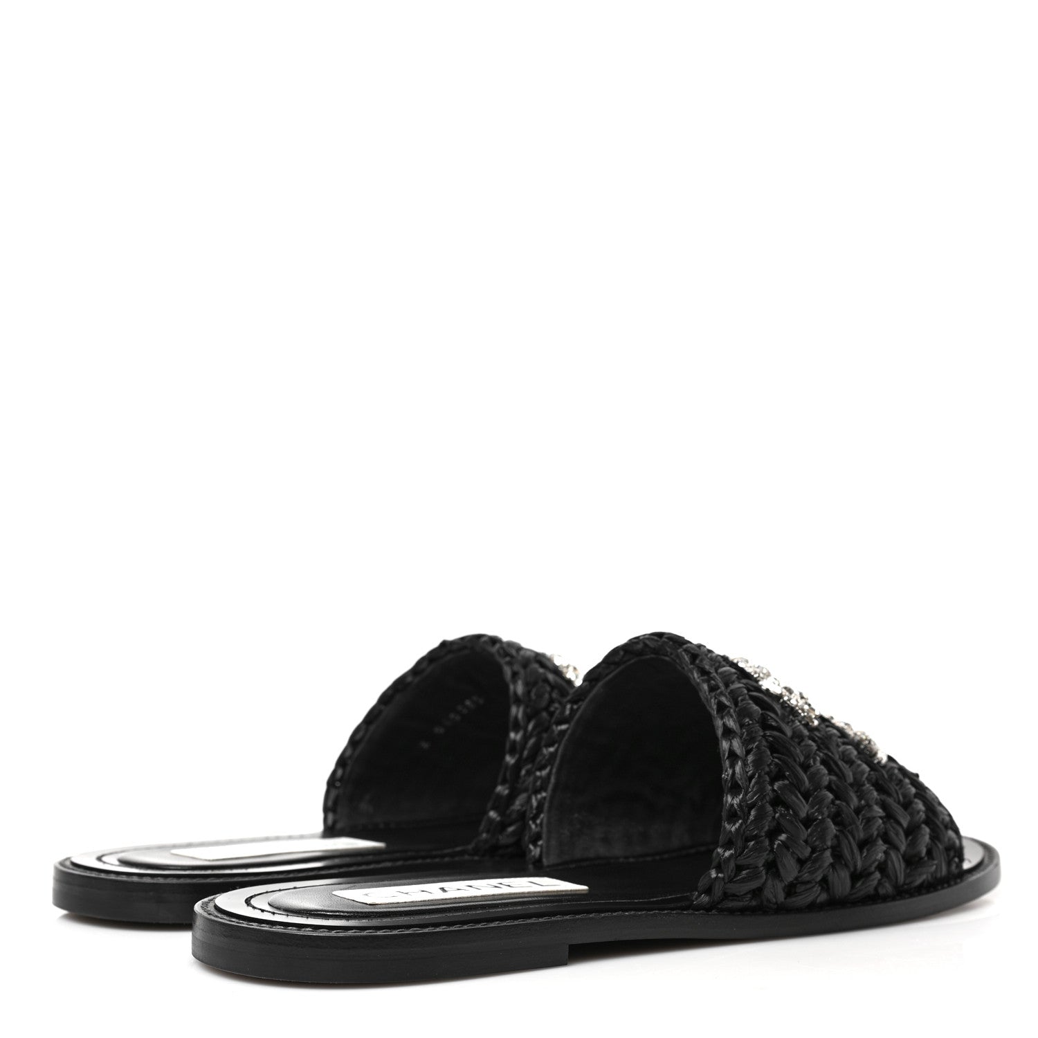 Chanel Raffia Crystal CC Mules Sandals 38.5 Black 4 of 9