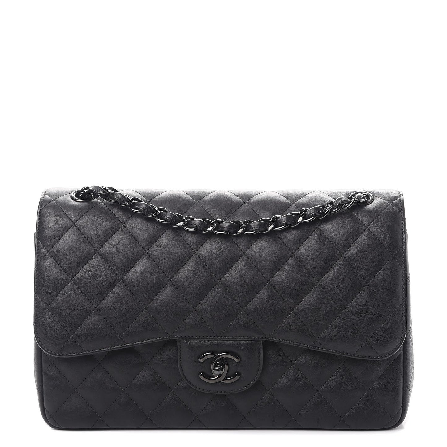 Crumpled Calfskin Quilted Jumbo Double Flap So Black