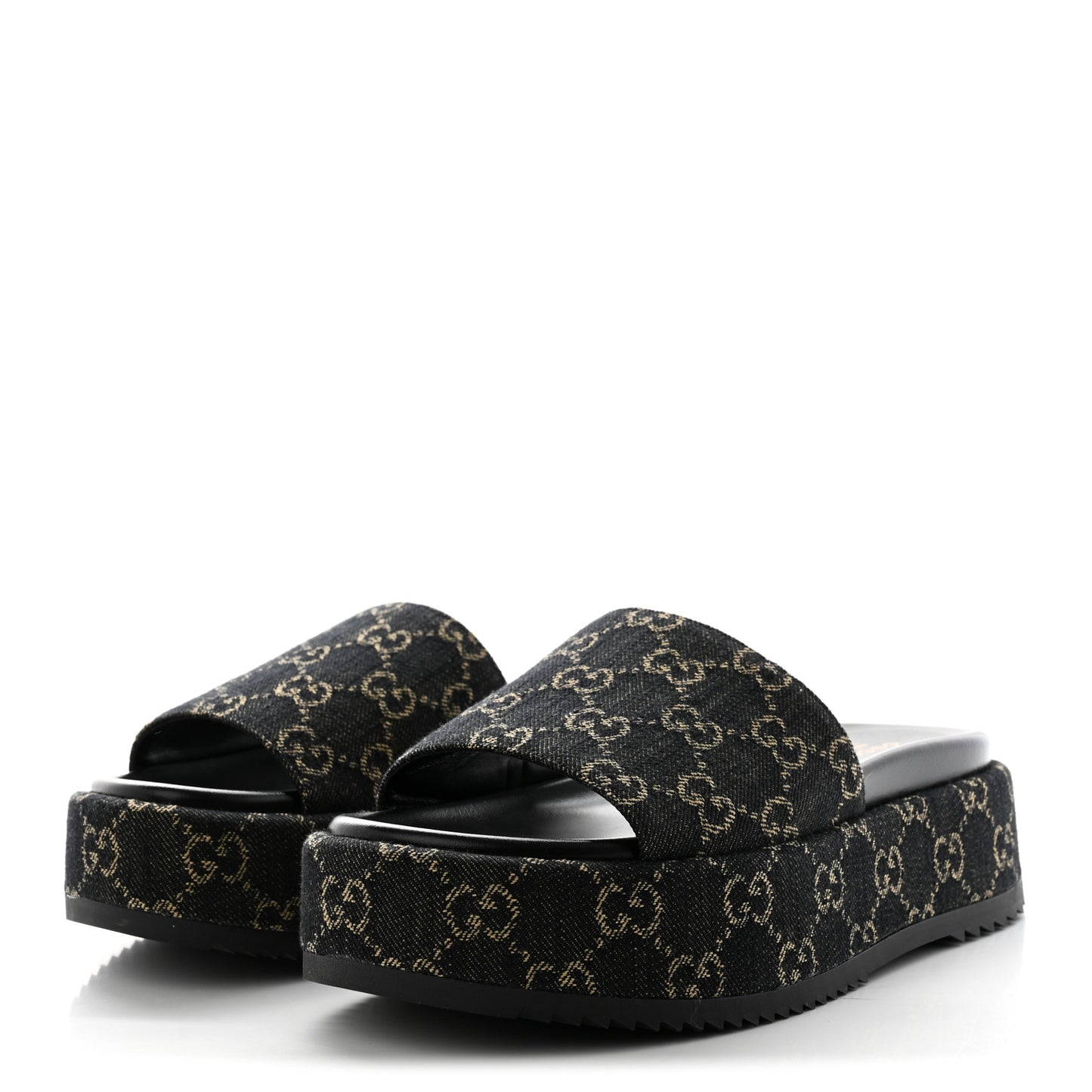 Jacquard Black Denim GG Monogram Angelina Platform 55mm Slide Sandals 38 Black Ivory