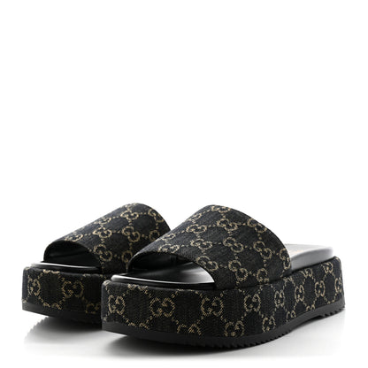 Gucci Jacquard Black Denim GG Monogram Angelina Platform 55mm Slide Sandals 38 Black Ivory 3 of 9