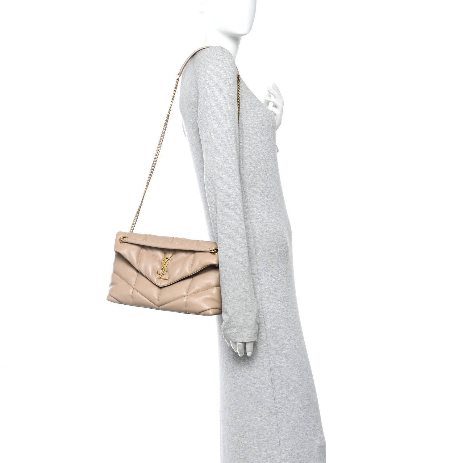 Saint Laurent Lambskin Quilted Small Loulou Puffer Monogram Chain Satchel Dark Beige 2 of 10