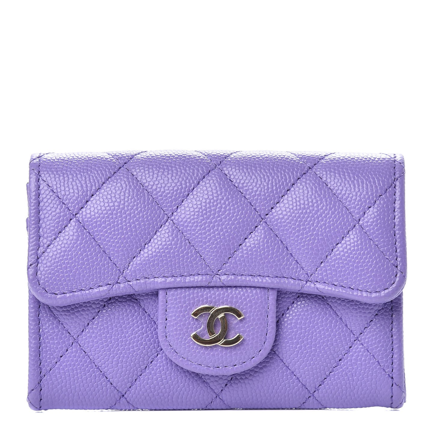 Caviar Quilted Flap Card Holder Wallet Purple
