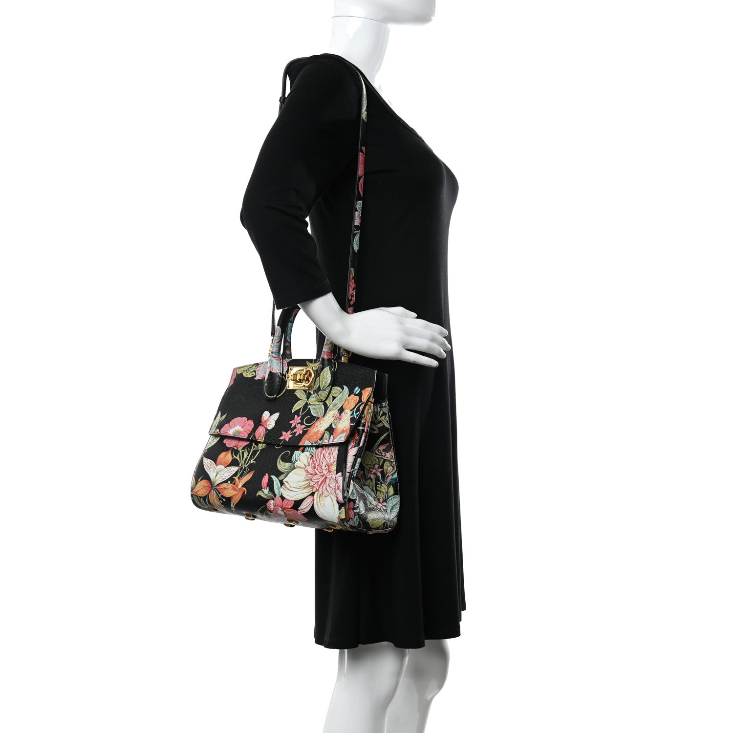 Salvatore Ferragamo Calfskin Floral Print The Studio Bag Black Multicolor 2 of 10