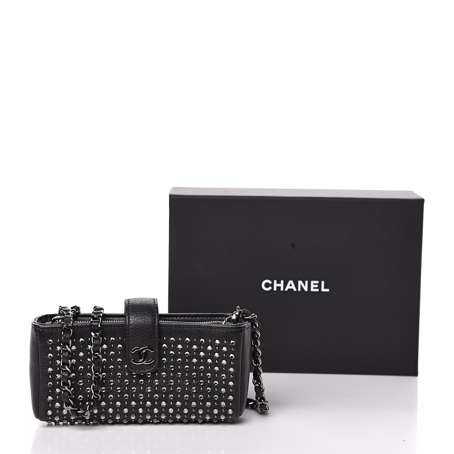 Chanel Calfskin Strass Studded Mini Phone Holder Clutch Black 14 of 14